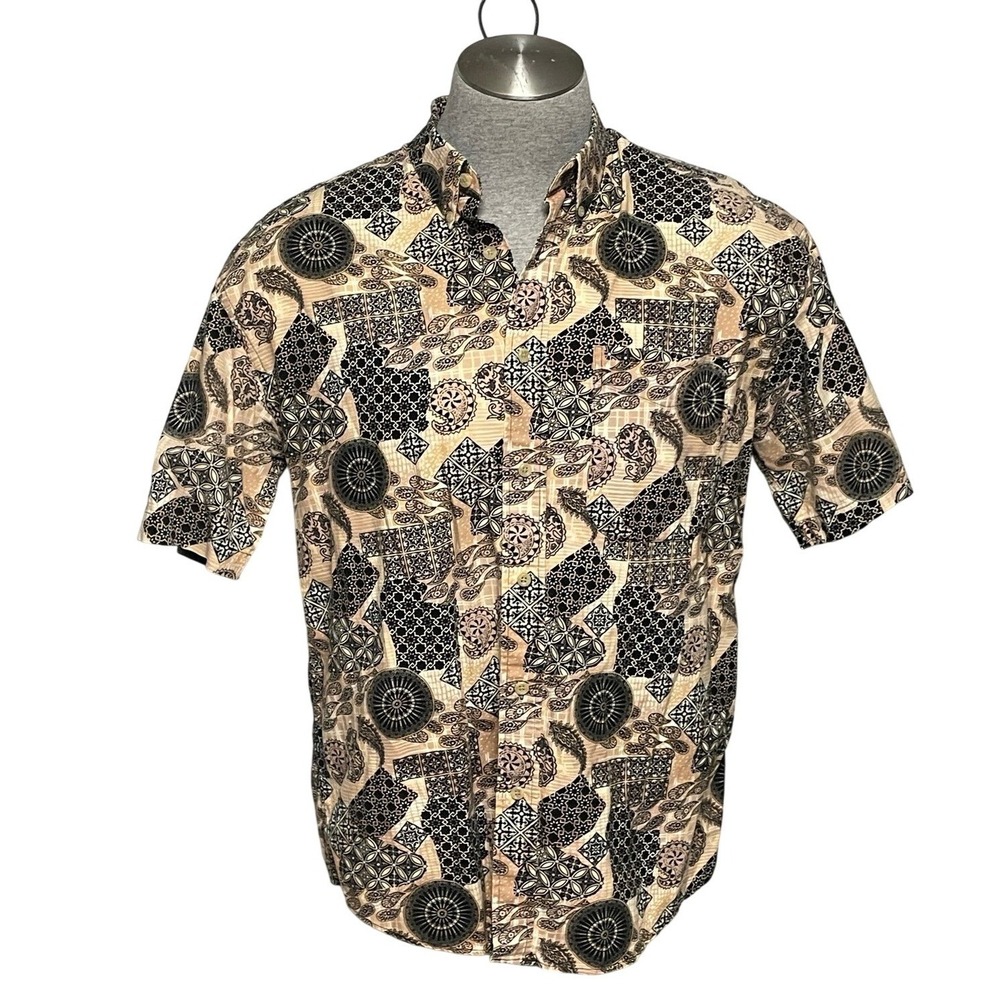 Natural Issue Retro Brown Black  Geometric Paisley Button Down Shirt Mens Large
